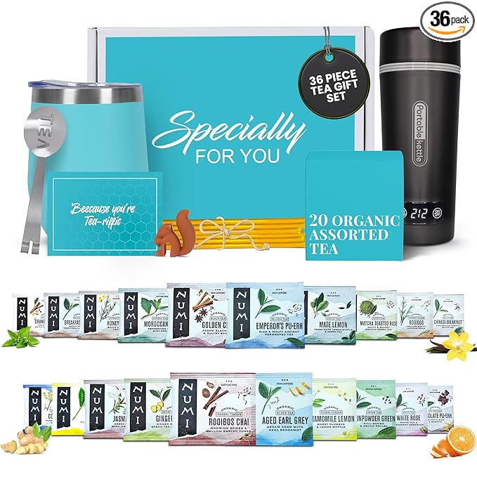 Organic Gift Set with Portable Kettle - 36 Piece Gift for Tea Lovers - Includes Insulated Mug, Assorted Organic Teas, Honey Sticks & Accessories - Ultimate Brewing Experience - Bloomnest