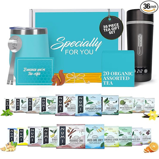 Organic Gift Set with Portable Kettle - 36 Piece Gift for Tea Lovers - Includes Insulated Mug, Assorted Organic Teas, Honey Sticks & Accessories - Ultimate Brewing Experience - Bloomnest