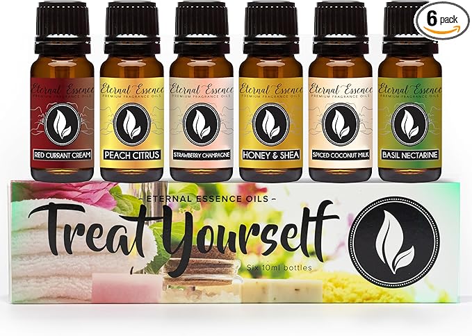 Eternal Essence Oils Treat Yourself Set of 6 Premium Fragrance Oils - Includes Peach Citrus, Strawberry Champange, Spiced Coconut Milk, Basil Nectarine, Red Currant Cream, & Honey & Shea - 10ML - Bloomnest