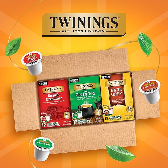 Twinings 36 K-Cup Pods Variety Pack, Includes English Breakfast, Earl Grey, and Green for Keurig and Single Cup Brewers, 12 Count (Pack of 3), Caffeinated, Enjoy Hot or Iced - Bloomnest