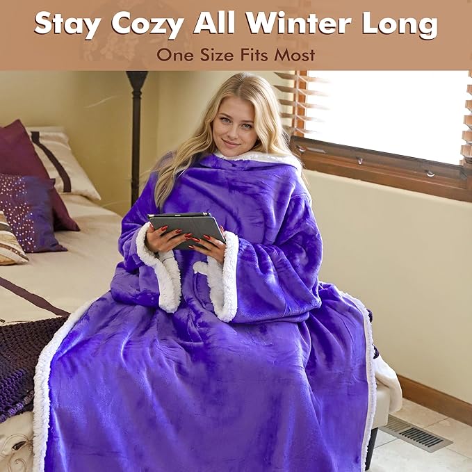 Tirrinia Sherpa Wearable Blanket With Sleeves, Full Body Throw Reading Wrap TV Blankets - Bloomnest