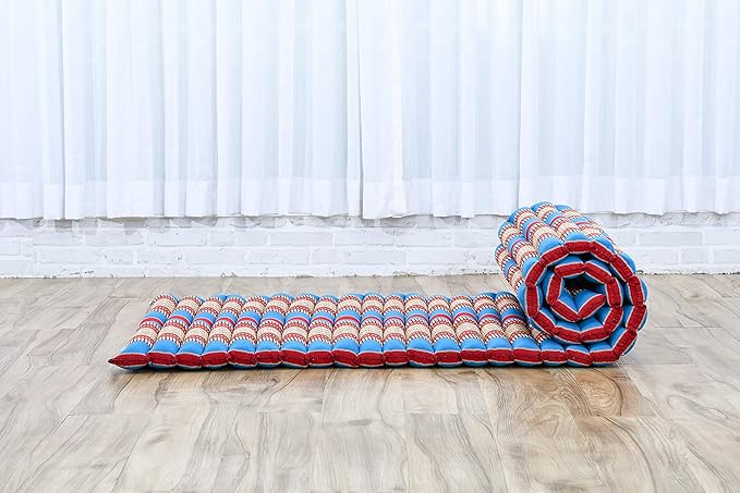 Leewadee - Foldable Floor Mattress - Japanese Roll Up Futon -Trifold Tatami Mat- Guest Floor Bed - Camping Mattress - Thai Massage Mat, Kapok Filled, 75 x 28 inches, Blue Red - Bloomnest