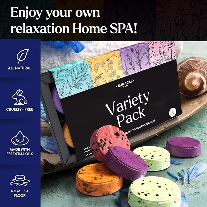 Miracle Made Variety Pack Aromatherapy Shower Steamers – Essential Oil Shower Bombs for Relaxation, Nasal Relief & Daily Self-Care – 6 Shower Melt Tablets with Dried Flowers - Bloomnest