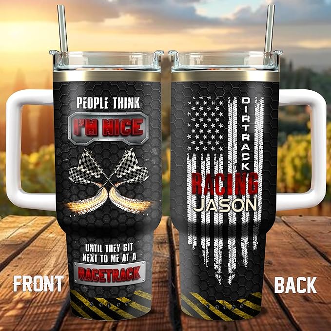 WAZONE Personalized Dirt Track Racing Tumbler 40oz with Handle and Straw Custom Name Motorcycle American Flag Patriotic Travel Coffee Mug Novelty Motor Racer Gift for Motorsport Lovers Men - Bloomnest