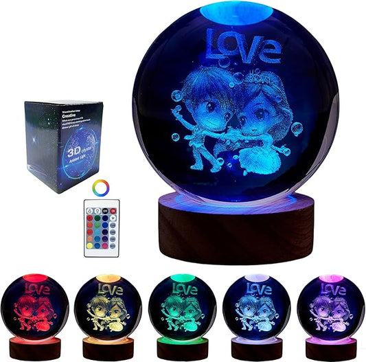 Love Crystal Ball lamp,3D 3.15 inch K9 Couple Night Light with Wooden Base,16 Colors Change with Remote Control,Sweetheart Crystal Gift for Girlfriend,Valentine's Day Christmas Gift (F) - Bloomnest