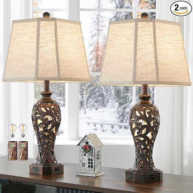 Set of 2 Farmhouse Table Lamps for Living Room, Rustic Vintage Nightstand Lamp with 2 USB Port, Bronze Resin Lamps for Bedroom End Table with Hollow Out Nightlight, 2 Bulbs Included - Bloomnest