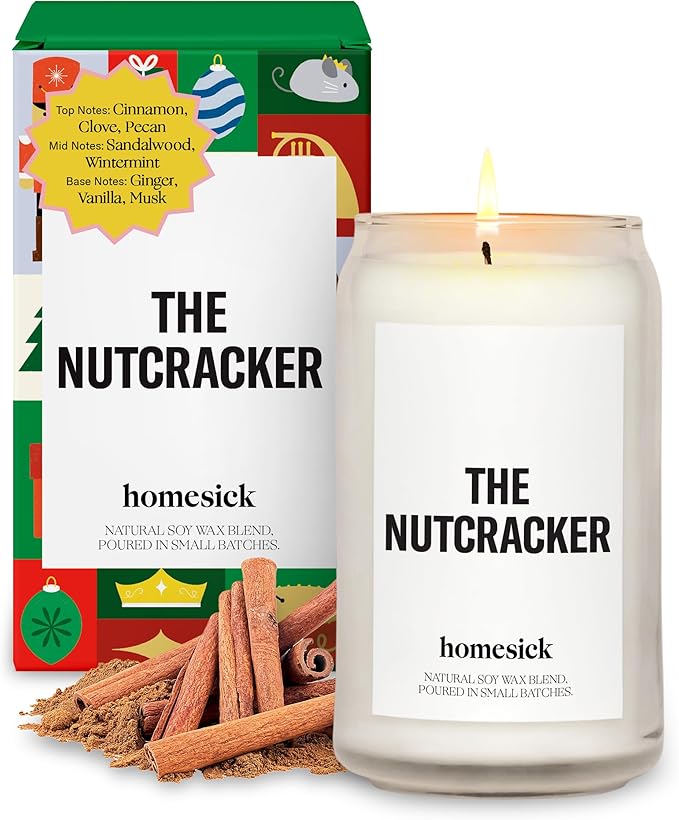 Homesick Scented Candles for Home (The Nutcracker) - 13.75 oz Long-Lasting Natural Soy Wax Blend Jar Candle Gifts for Women & Men, 60-80 Hours Burn Time - Notes of Cinnamon, Clove & Pecan - Bloomnest
