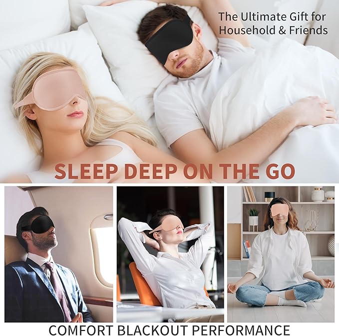 3D Sleep Mask for Men Women 2 Pack, Blackout Eye Mask for Sleeping Eye Mask for Side Sleeper, Memory Foam Adjustable&Washable, Airplane Travel Essentials Couples Yoga Meditation Office Black & Pink - Bloomnest