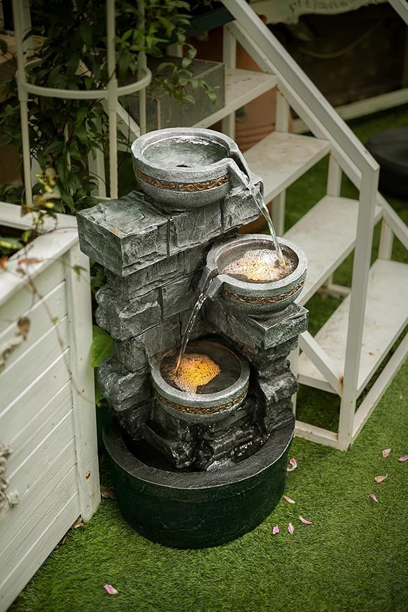 Cheng Pin Water Fountain Outdoor - 28 Inch Tall Cascading Bowls and Stacked Stones Design, Create Relaxing Waterfall Flow Water Feature for Outside Garden, Patio, Backyard - Bloomnest