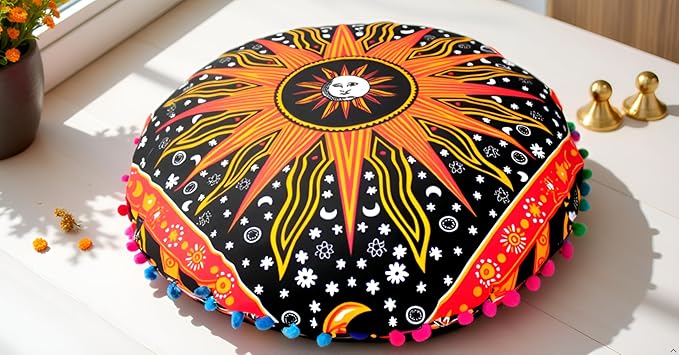 CRAFT KALA Large Round Bohemian Floor Pillow Pouf Cover Mandala Meditation Room Pillow Cover for Adults Boho Seating Poufs Cushion Cover for Kids Playroom 32" Round Orange Burning Sun - Bloomnest