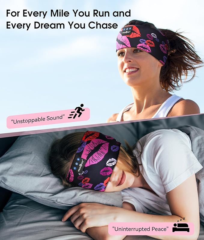 MUSICOZY Sleep Headphones Bluetooth 5.4 Headband, Wireless Earphones Music Sleep Earbuds Sleeping Eye Mask with HD Stereo Speakers for Workout Running Travel Yoga, Ideal Gifts (Rainbow Lip) - Bloomnest