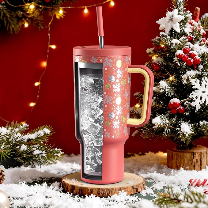 Meoky 40 oz Christmas Tumbler with Handle and Straw, Xmas Tumbler with Lid and Straw, Insulated Stainless Steel Travel Mug, Christmas Gifts for Women Men Adults (Merry Bells) - Bloomnest