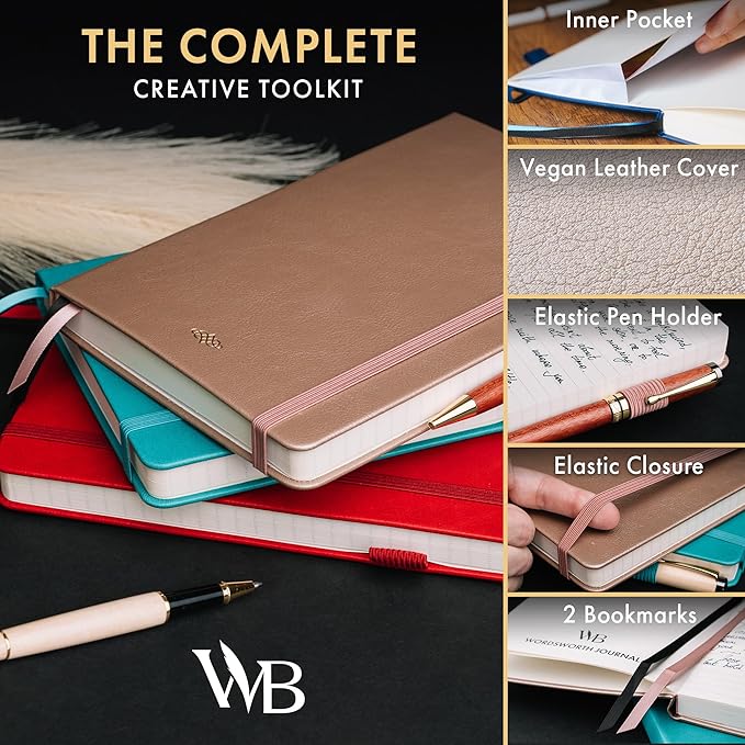 Wordsworth & Black A5 Lined Journal 216 Lined Pages, Hardcover Leather, 120 GSM Paper, Journaling Notebook for Work & Sketching, Journals for Women, Men - Gifts Box Included Rose Gold - Bloomnest