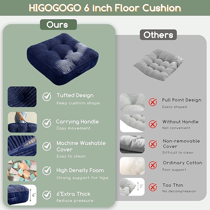 6" Washable Floor Pillow Cushion for Adults, Meditation Cushion Pillow, Large Square Floor Sitting, Removable Tufted Corduroy Cover, for Tatami Living Room or Yoga, 22x22 Inch, 2Pack, Machine Washable - Bloomnest