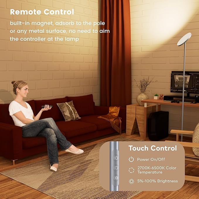 Floor Lamp,Bright 36W 3500LM Standing Lamp with Remote, 2700K Soft White to 6500K Cool White Adjustable,Touch Control Dimmable Torchiere Tall Light for Living Room,Bedroom,Office,Sofa(Gray) - Bloomnest