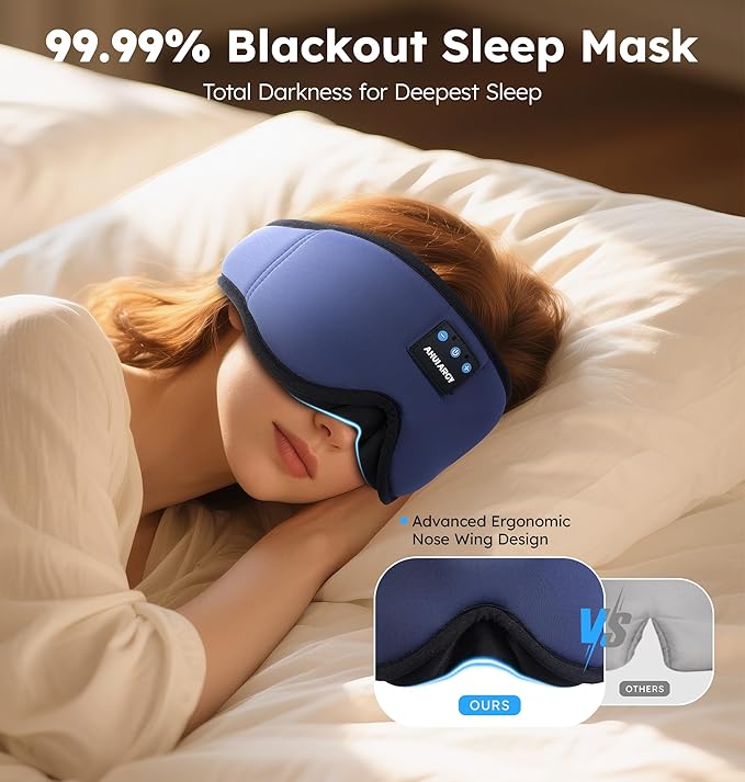 Ice Silk Sleep Mask with Headphones, Sleep Headphones for Side Sleeper with 3D Cups, Bluetooth 5.4 Sleeping Eye Mask, Total Blackout Sleeping Headphones for Women Men(Navy) - Bloomnest