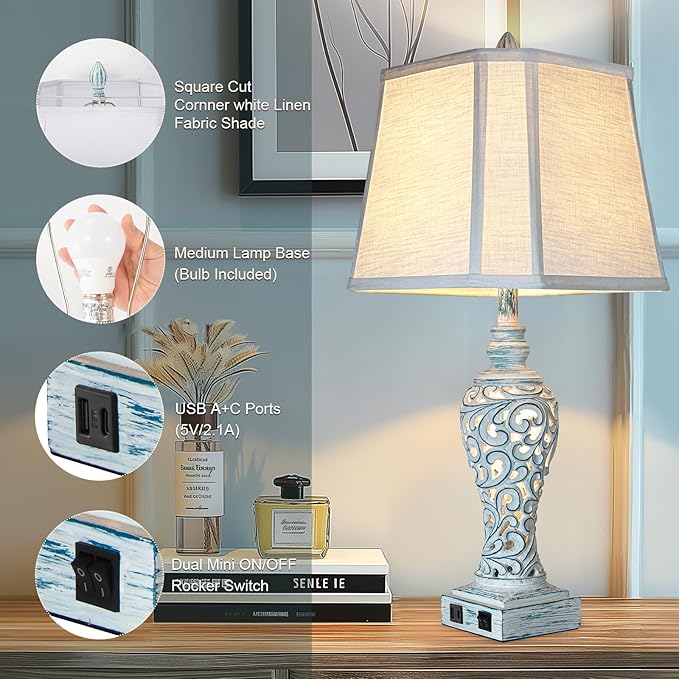 Table Lamp Bedside Lamps Set of 2, 28.5'' Luxsight Farmhouse Table Lamps for Bedroom, Lamps for Nightstands with Night Lights, with USB C+A Ports, Rustic Lamp for Living Room, Bulb Included - Bloomnest