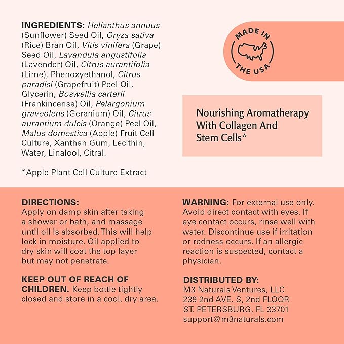 Frankincense Essential Massage Oil for Scars, Stretch Marks & Fine Lines, Firming, Hydrating, Smoothing & Calming Formula with Collagen, Stem Cells, Lavender & Grapefruit, 8 fl oz, by M3 Naturals - Bloomnest