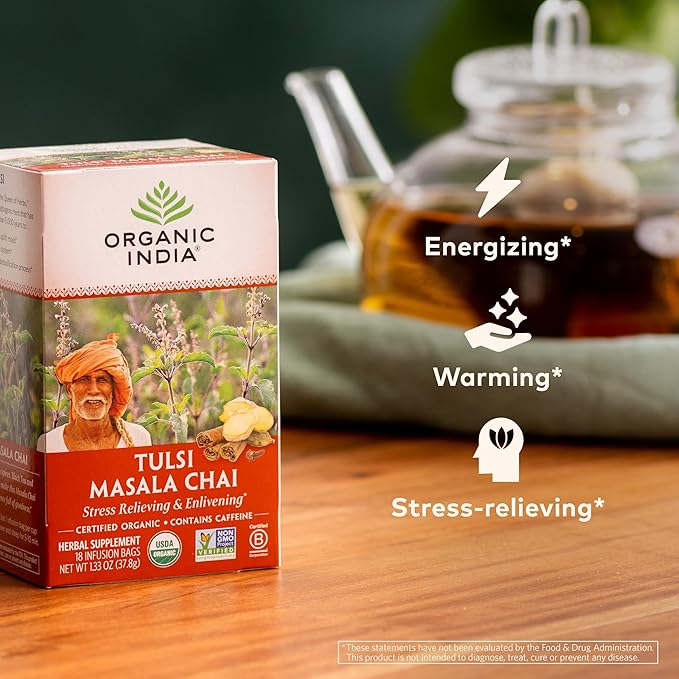 ORGANIC INDIA Tulsi Masala Chai Tea Bags - Holy Basil, Black Tea, Spices with Ginger, Stress Relieving, Immune Support, USDA Certified Organic, Antioxidant, Caffeinated - 18 Infusion Bags, 3 Pack - Bloomnest