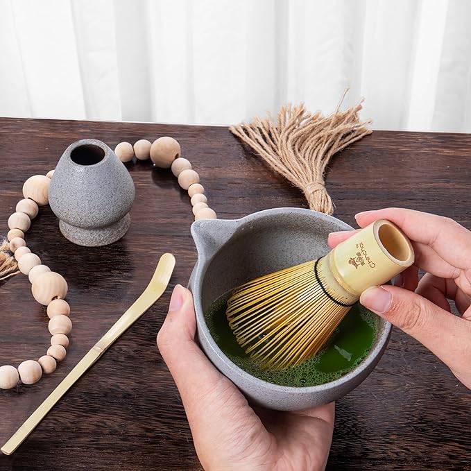 Stone-Texture Gray Matcha Whisk Set with Pouring Spout – Japanese Matcha Kit with Handcrafted Ceramic Bowl, Bamboo Whisk, Scoop, and Holder for Authentic Tea Ceremony - Bloomnest