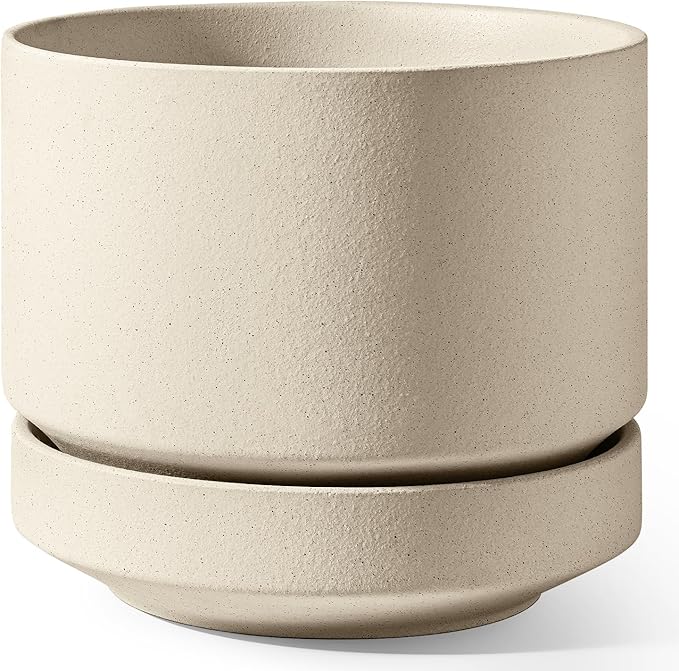LE TAUCI 12 Inch Pots for Plants with Saucer | Ceramic Outdoor & Indoor Planter Pot for Plants | Drainage Hole, Mesh Pad & Plug | Unglazed Porous | Modern for Home, Office and Patio – Speckled Oat - Bloomnest