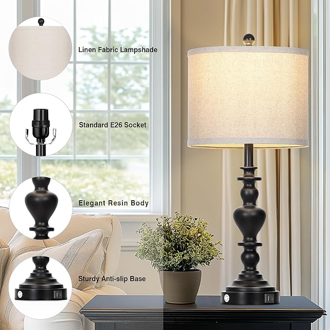 27" Farmhouse Vintage Lamps Set of 2 with USB C+A Charging Ports, Black Rustic Touch Control Table Lamp for Living Room, 3-Way Dimmable Traditional Nightstand Bedside Lamp Linen Washed for Bedroom - Bloomnest