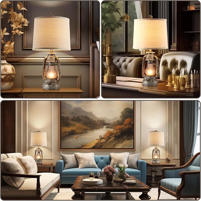 RORIANO Farmhouse Rustic Table Lamps for Living Room Set of 2, Vintage Lantern Table Lamp with Dual USB Ports, Retro Nightstand Lamp for Bedroom Bedside, 4 Bulbs Included (Iron Gray) - Bloomnest