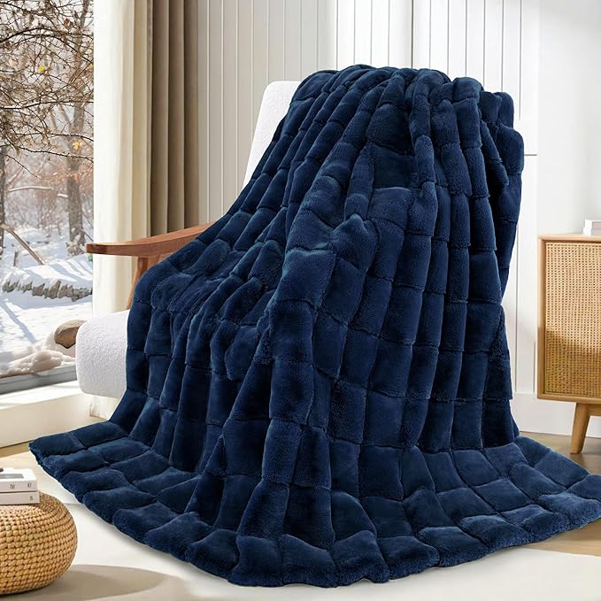 Touchat Faux Fur Blanket Twin Size, Luxury 1000GSM Ultra Thick Warm Rabbit Blanket for Couch Bed Sofa, 3D Checkered Pattern Soft Winter Heavy Minky Blankets for Women Christmas Birthday Gift, Blue - Bloomnest