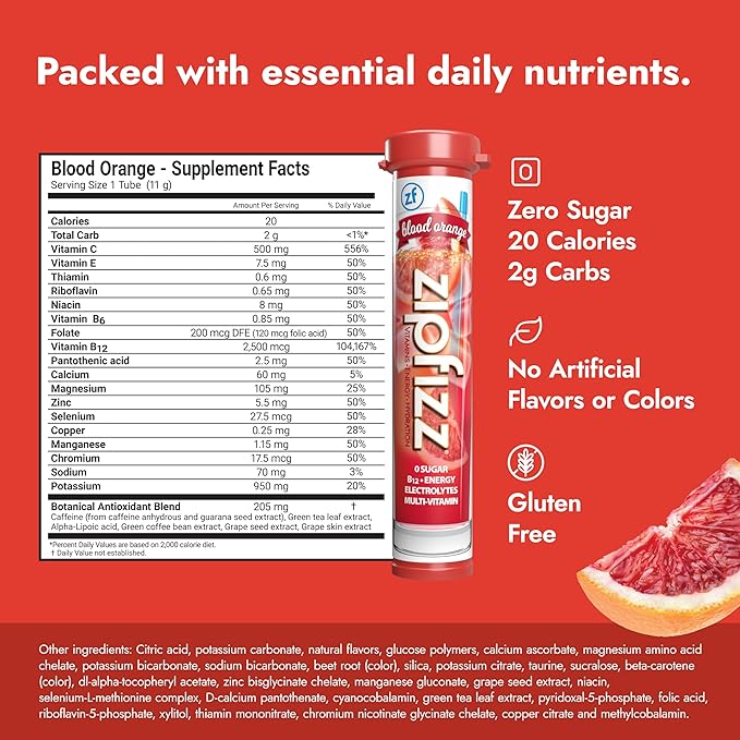 Zipfizz Daily Energy Drink Powder, Blood Orange, 20 Pack | 3-in-1 Sustained Energy, Rapid Hydration, and Essential Vitamins | Sugar-Free | Electrolyte Powder | Contains Vitamin B-12 & Antioxidants - Bloomnest