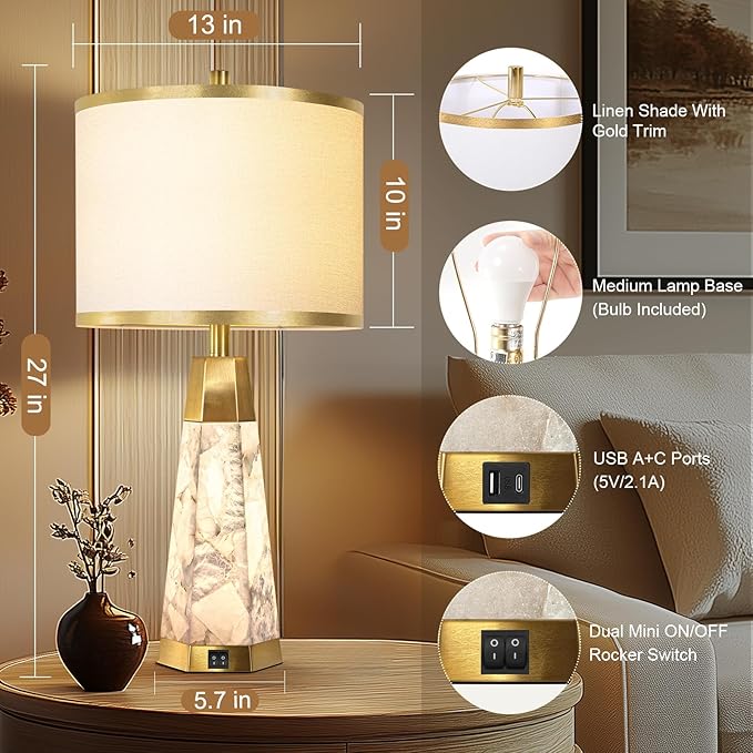 27" Natural Alabaster Table Lamps Set of 2 - Lamps for Living Room with Night Light, Bedside lamps with White Linen Shade, Nightstand Table Lamp with USB A+C Port for Bedroom Office (bulb included) - Bloomnest