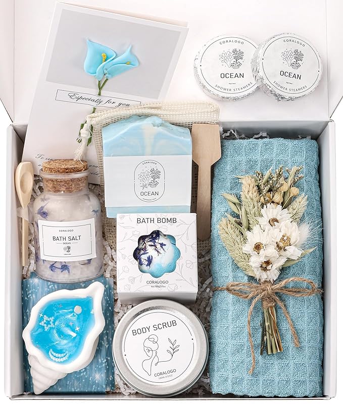 Coralogo Ocean Spa Gifts for Women - 11pc Self-care Spa Gift Basket with Scented Candle, Bath Salt, Greeting Card - Thinking of You Basket for Her Birthday, Christmas, Mother's Day, Valentine's Day - Bloomnest