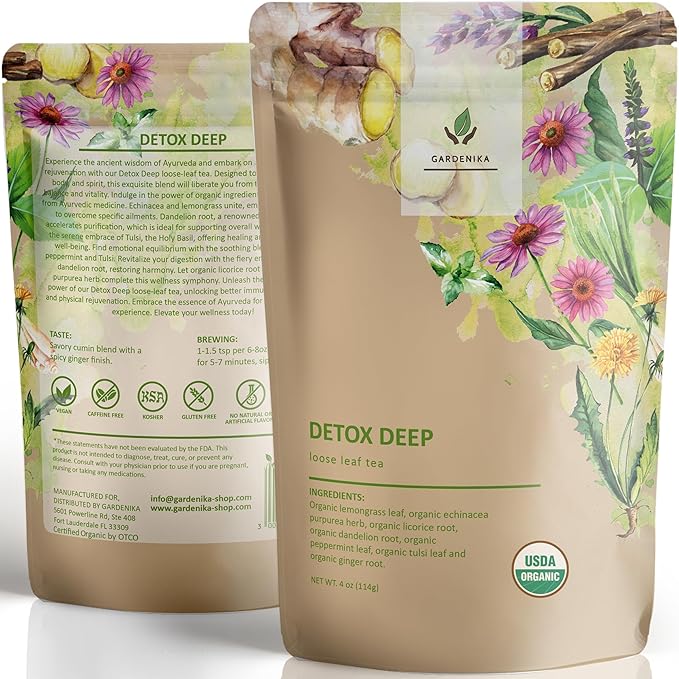 Organic Dandelion Root Detox Loose Leaf Tea, Herbal, Caffeine-Free, KSA Kosher, Ayurvedic with Lemongrass, Peppermint, Echinacea – 4 oz (1 Pack) - Bloomnest