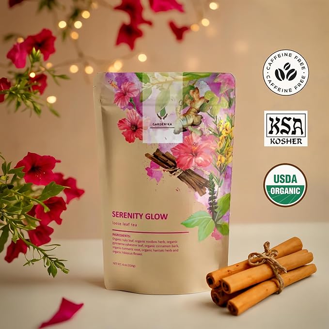 Gardenika Organic Serenity Glow Loose Leaf Tea, Herbal, Caffeine-Free, KSA Kosher, Ayurvedic Wellness Blend with Tulsi, Rooibos, Turmeric, Hibiscus – 4 oz (1 Pack) - Bloomnest