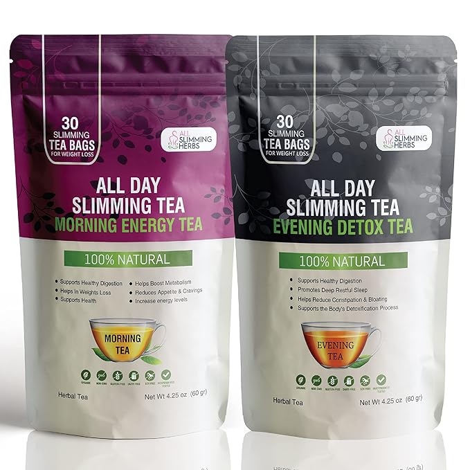 ALL SLIMMING HERBS All Day Slimming Tea For Weight Loss - All Natural 30 Days Detox Teas That Flattens Tummy - Daytime Energy Boost Tea 30 Bags + Evening Detox Tea 30 Bags - Bloomnest