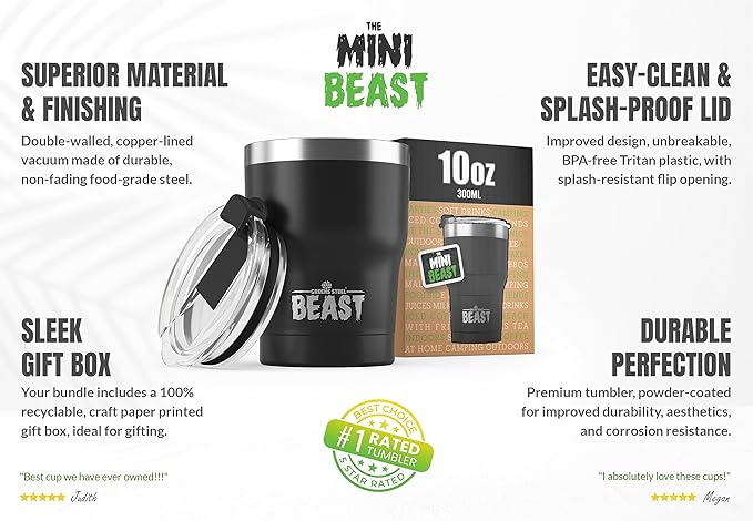 Beast 10 oz Tumbler Stainless Steel Vacuum Insulated Coffee Ice Cup Double Wall Travel Flask (Matte Black) - Bloomnest