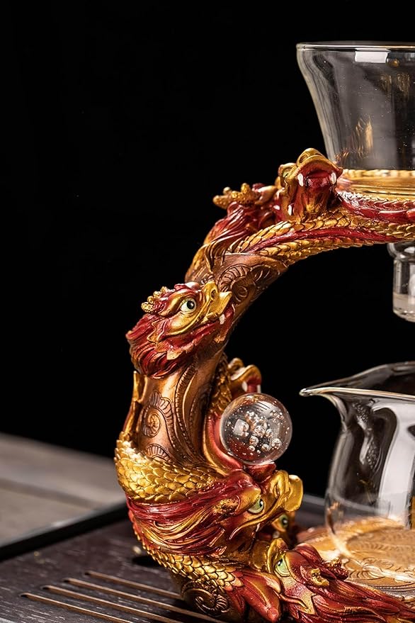Glass Teapot Set with Infuser Semi Automatic Dragon Tea Set (Red golden teapot) - Bloomnest