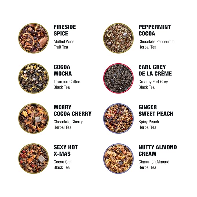Tiesta Tea - Holiday Tea Sampler Dry Flight Set, Loose Leaf, High to No Caffeine Hot & Iced, Premium Brew Sample with Black, Herbal, Fruit & Hibiscus Blends, 8 Resealable Sample Pouches - Bloomnest