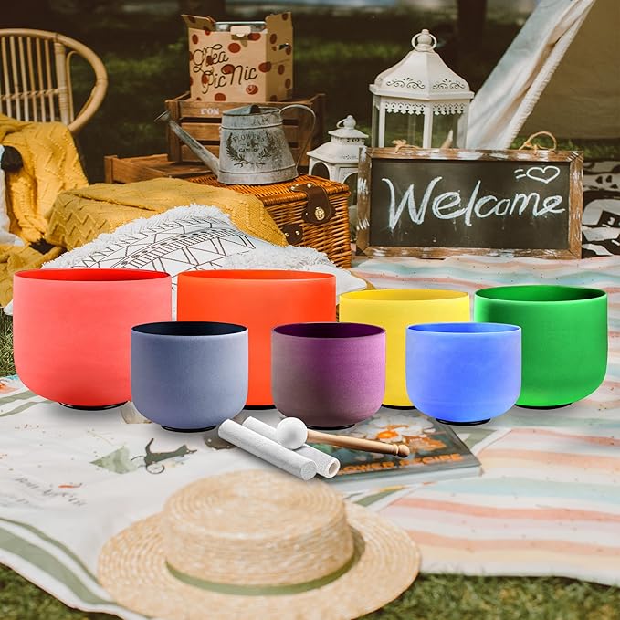 RYAN DVAN 432 hz 7-12 Inch Set of 7 Colored Frosted Quartz Crystal Singing Bowl with Free 2 pcs Carrying Cases - Bloomnest