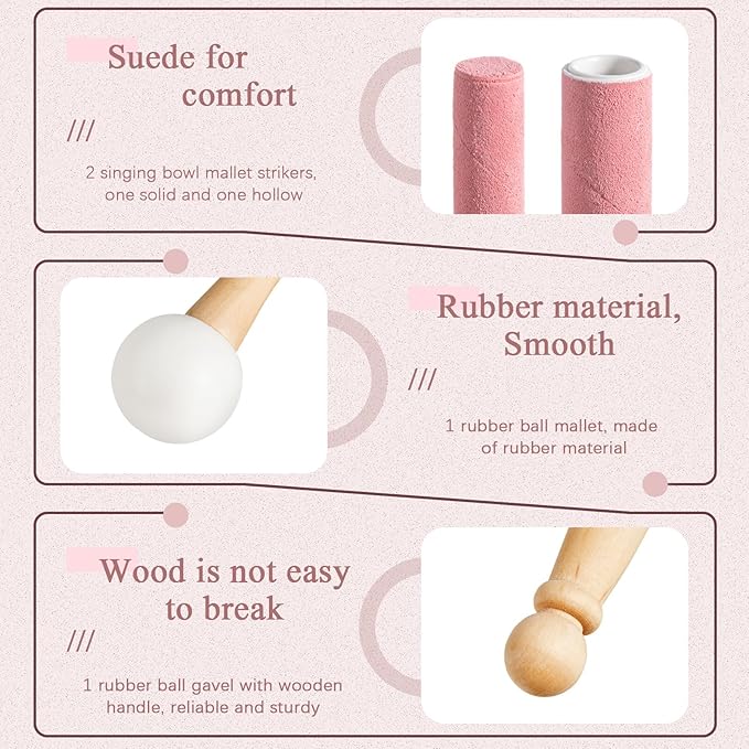 Nuanchu 3 Pieces Crystal Singing Bowl Mallet Set, Include Thick Suede Striker Solid and Hollow Sound Bowl Stick, Crystal Singing Bowl Rubber Mallet with Wood Handle for Playing Bowl (Pink) - Bloomnest
