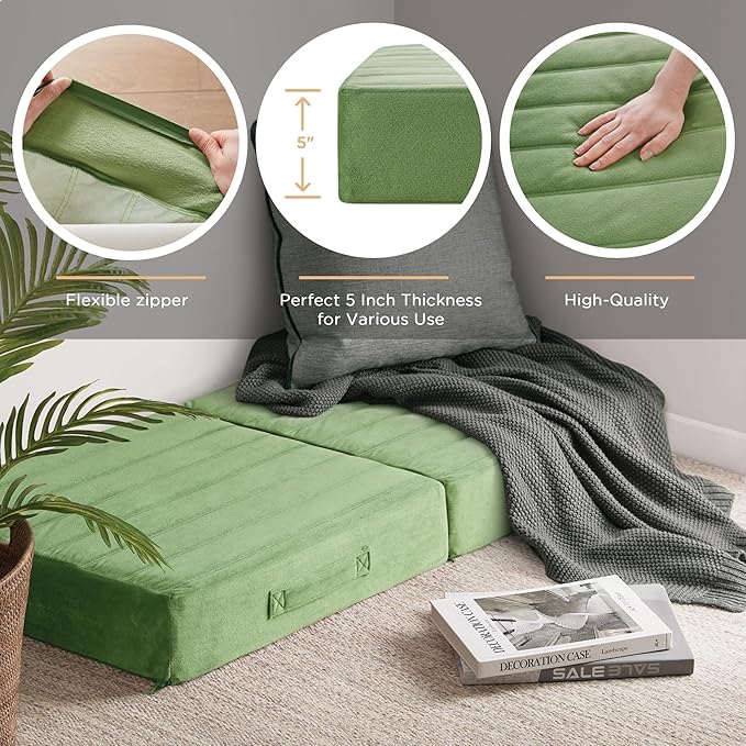 Codi Floor Cushions for Adults, Large Meditation Pillows with Thick Foam and Soft Tufted Covers, Washable Square Seating for Couch and Yoga Sitting, 22×22×5 inch Green - Bloomnest