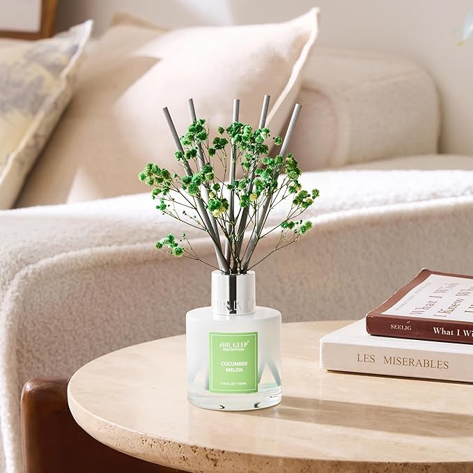 Airkeep Reed Diffuser Set,3.38 fl oz (100 ml) - Cucumber Melon Oil Diffusers with 8 Reed Sticks, Home Fragrance Reed Diffuser for Bathroom Shelf Decor - Bloomnest