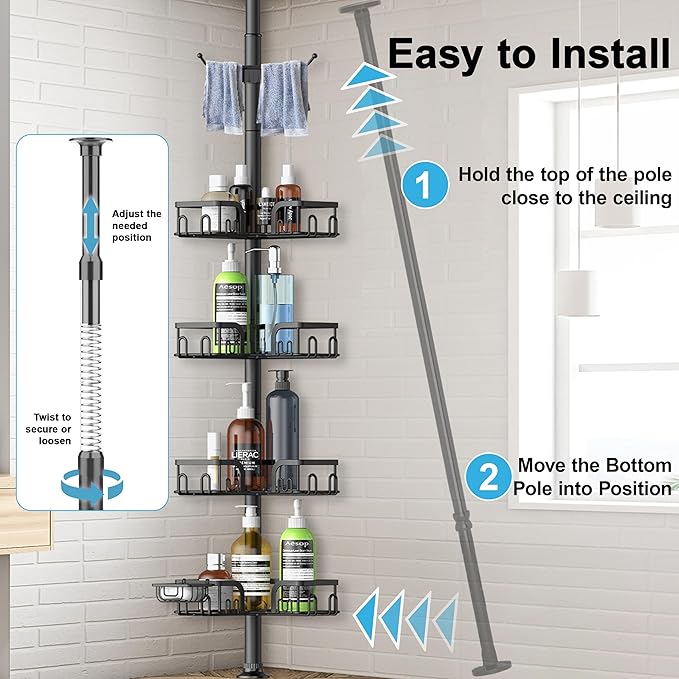 Corner Shower Caddy Tension Pole 4 Tier Adjustable Stainless Steel Shower Shelf for Inside Shower Bathtub Shampoo,Standing Bathroom Organizer Shelves with 39 to 113 inch Height - Bloomnest