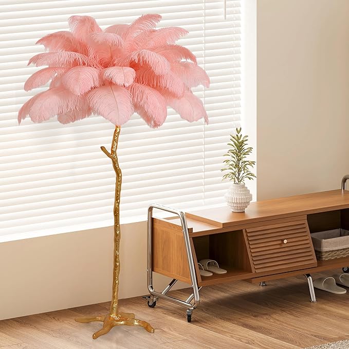 MAYOLA Luxury Resin Ostrich Feather Lamp, 35 Pieces Real Ostrich Feathers,Floor Light for Living Room, Bedroom and Office 67” Tall Feather Lamp(Pink, Floor Lamp) - Bloomnest