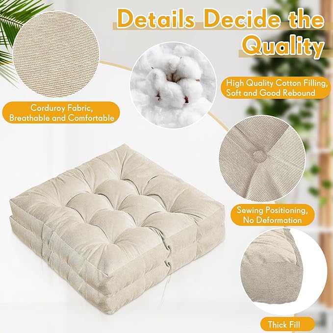 Jerify Floor Pillow Cushions 22 x 22 Inch Round Square Large Meditation Floor Pillow for Classroom Adult Meditation Picnic Party Cushion for Seating Gift Christmas(Square,Beige,4 Pcs) - Bloomnest