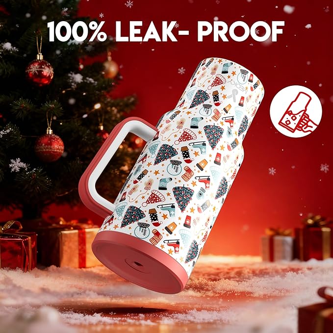 Meoky 40 oz Christmas Tumbler with Handle and Straw, Xmas Tumbler with Lid and Straw, Insulated Stainless Steel Travel Mug, Christmas Gifts for Women Men Adults (Snowy Fir) - Bloomnest
