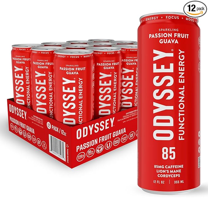 Odyssey Functional Energy Drink for Focus, Cognition & Mood Support 12 Pack - Adaptogenic Drink with 85mg Green Tea Caffeine, Lion’s Mane, Cordyceps, L-Theanine & Ginseng, Passion Fruit Orange Guava - Bloomnest