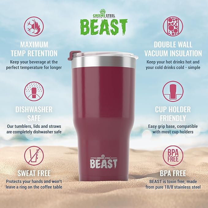 Beast 40 oz Tumbler Stainless Steel Vacuum Insulated Coffee Ice Cup Double Wall Travel Flask (Cranberry Red) - Bloomnest