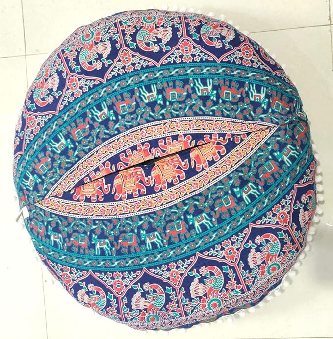 INDIAN CRAFT CASTLE 24" Brown Peacock Mandala Barmeri Large Floor Pillow Cover Cushion Meditation Seating Ottoman Throw Cover Hippie Decorative Zipped Bohemian Pouf Ottoman Pom Pom Cases 24" Round - Bloomnest