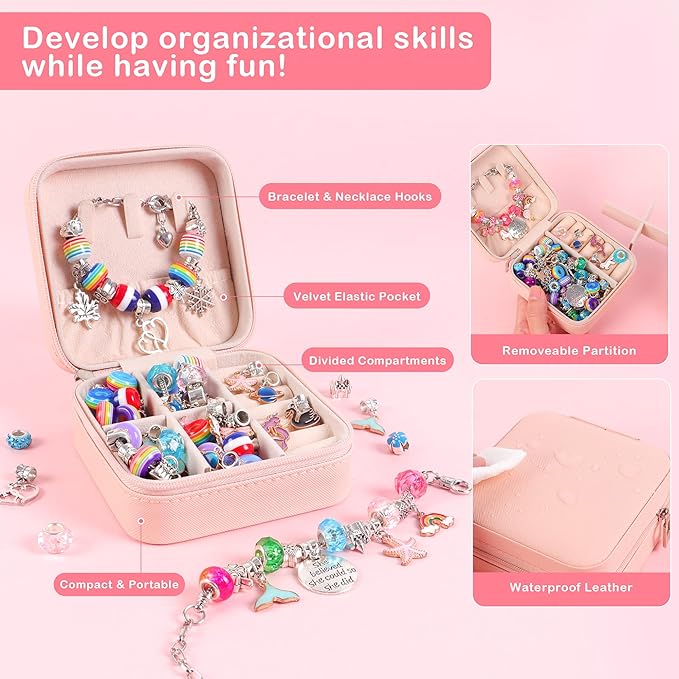 Charm Bracelet Jewelry Making Kit - A Perfect Birthday Holiday Gift for Girls Age 6 7 8 9 10 with Portable Jewelry Box, Cute & Sparkling to Inspire Creativity and Self-Expression, Great Value - Bloomnest