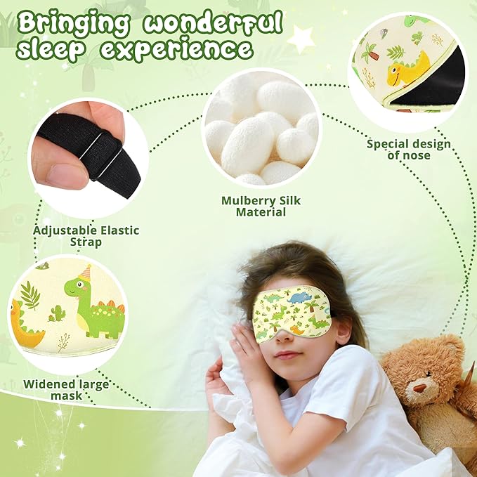 Kids Sleep Mask Eye Cover: 100% Real Natural Pure Silk Eye Mask with Adjustable Strap, Funny Blindfold Kids Eye Mask for Sleeping, Soft & Lightweight Eye Shade for Boys Girls Teens (Dinosaur Style) - Bloomnest